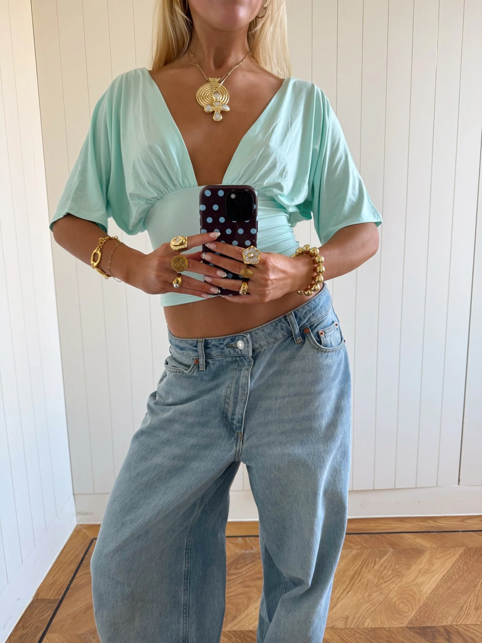 ANNA DEEP V DRAPED SLEEVE TOP IN AQUA - Image 4